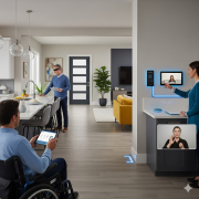 A modern, open-concept home interior featuring technology designed for accessibility.