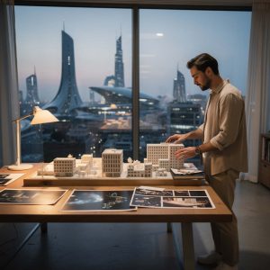 a person deaigning the community with buildings