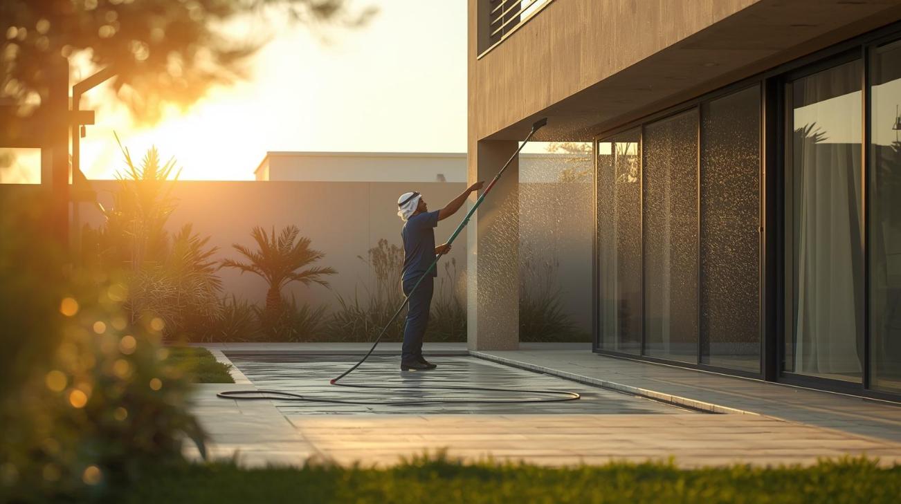 Professional cleaner maintaining modern villa courtyard supporting sustainable architectural living.