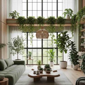 A modern interior filled with indoor plants, large windows with natural light, and wooden textures