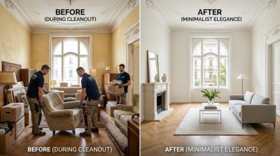 Elegant Vienna apartment interior before and after decluttering, professional apartment cleanout team removing excess furniture