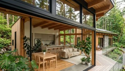 A modern architectural space featuring a beautifully designed sustainable home with large windows, natural materials, indoor plants, and minimalist furniture. 