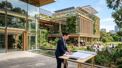 Contemporary sustainable building designed with glass, wood, greenery, solar panels, and natural lighting, architect reviewing plans nearby
